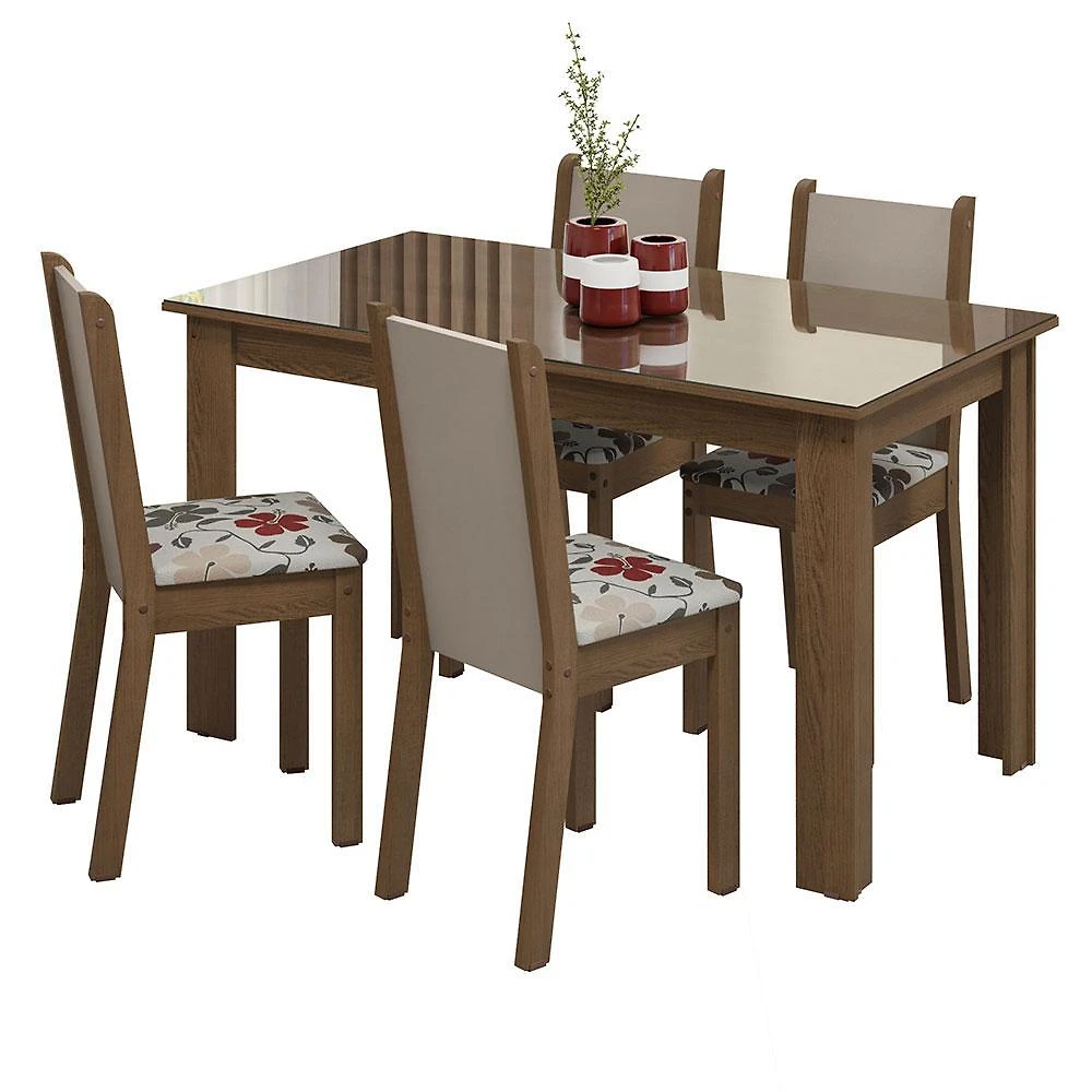 Conjunto sala de jantar mesa tampo de vidro 4 cadeiras rustic/crema/hibiscos suzy madesa