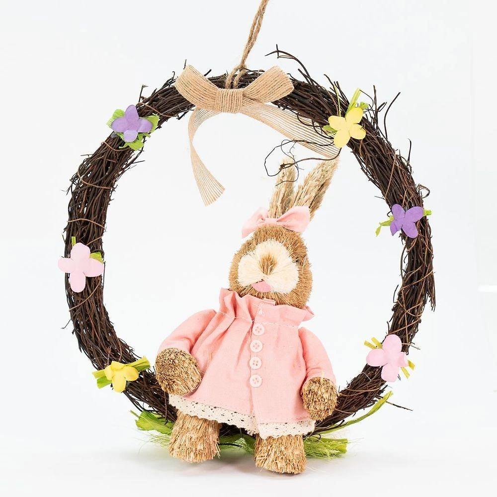 Guirlanda Coelha De Páscoa Em Palha Decoração Enfeite 28cm
