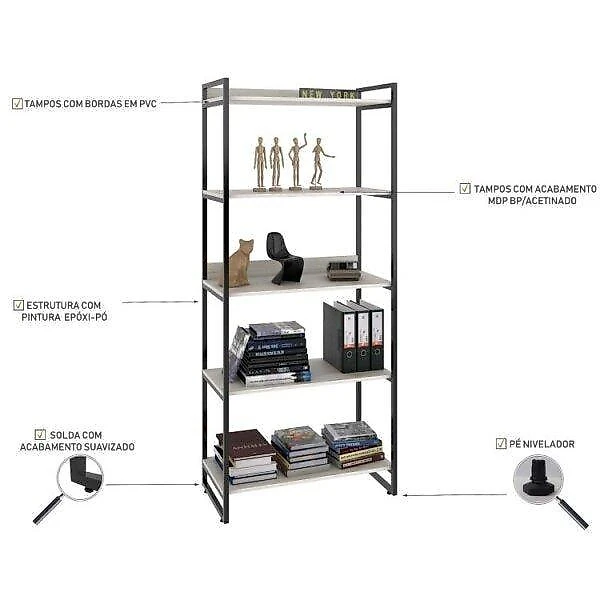 Kit 3 Peças com Mesa para Escritório em L Kuadra e 2 Estantes Multiuso 5 Prateleiras Escritório Completo com Mesa de Escritório em L e 2 Estantes Multiuso 5 Prateleiras Espresso Móveis