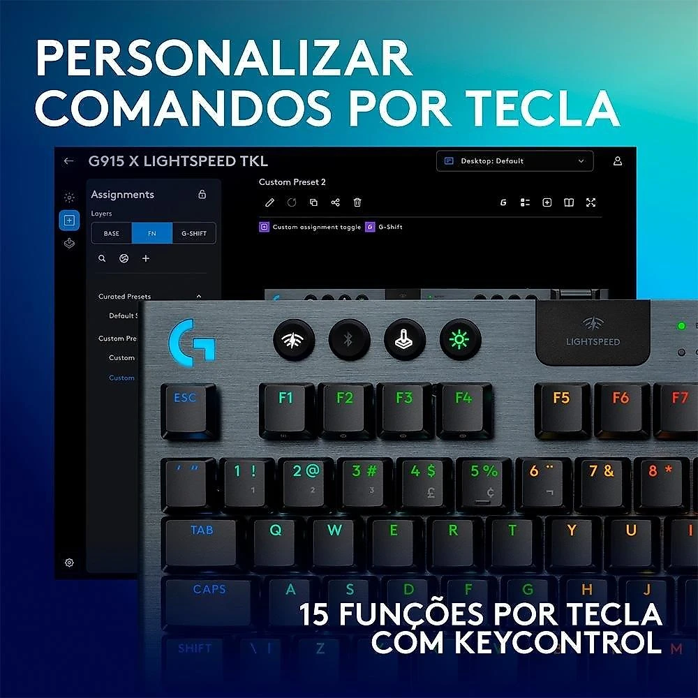 Teclado Mecânico Gamer Sem Fio Logitech G915 X Lightspeed, Design TKL RGB Lightsync, USB ou Bluetooth e Switch GL Tactile, Preto - 920-012715