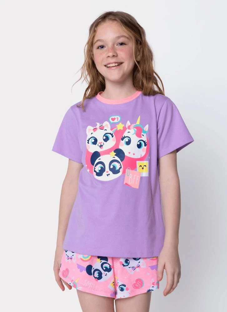Pijama manga curta algodão menina teen multibichos best friend