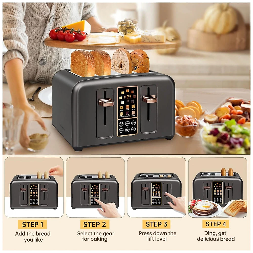 Torradeira Elétrica de 4 Fatias com Display LCD Digital, 6 Níveis de Tostagem, 110V 1800W, SEEDEEM, Cinza