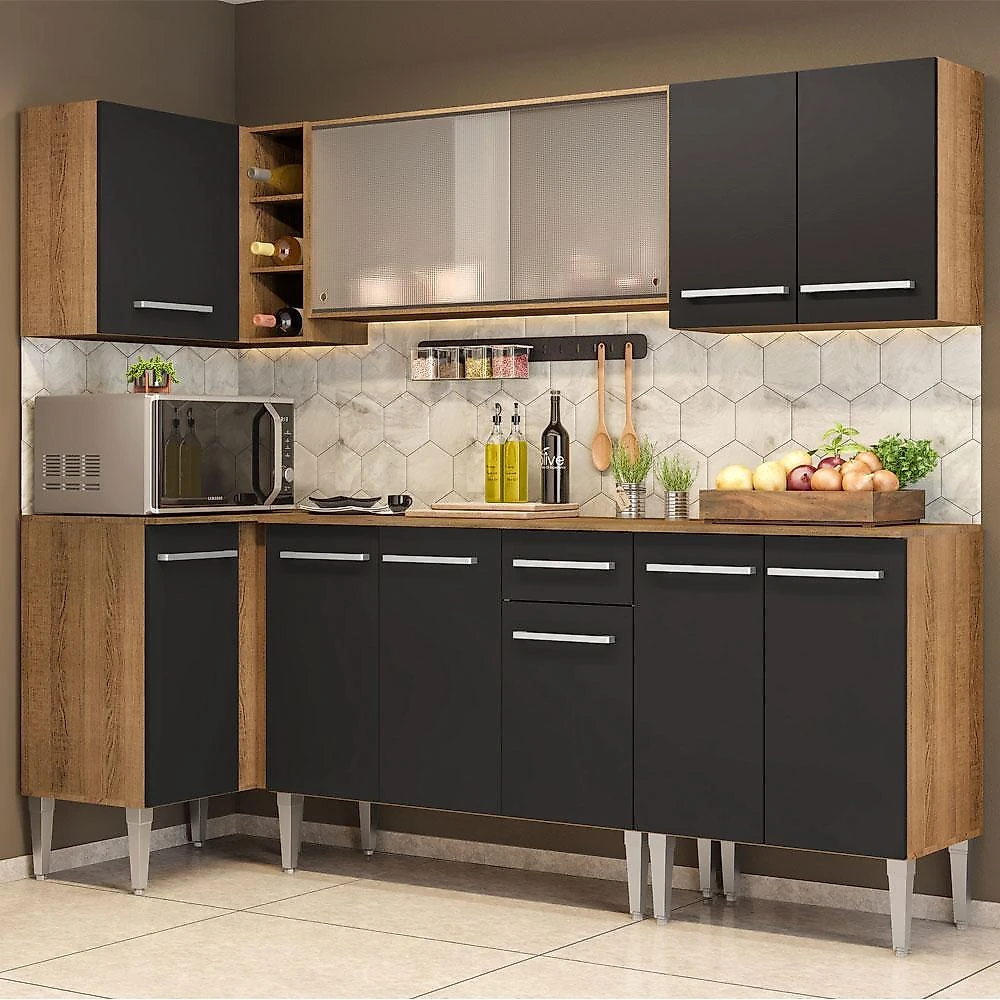 Cozinha completa de canto madesa emilly point com balcão e armário vidro rustic/preto