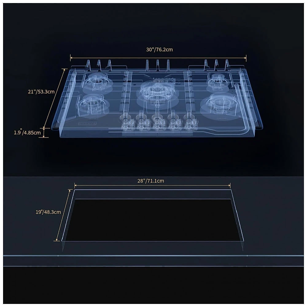 Cooktop a gás 76cm Empava inox 5 queimadores SABAF selados 49000BTU dual fuel GN/GLP 110V