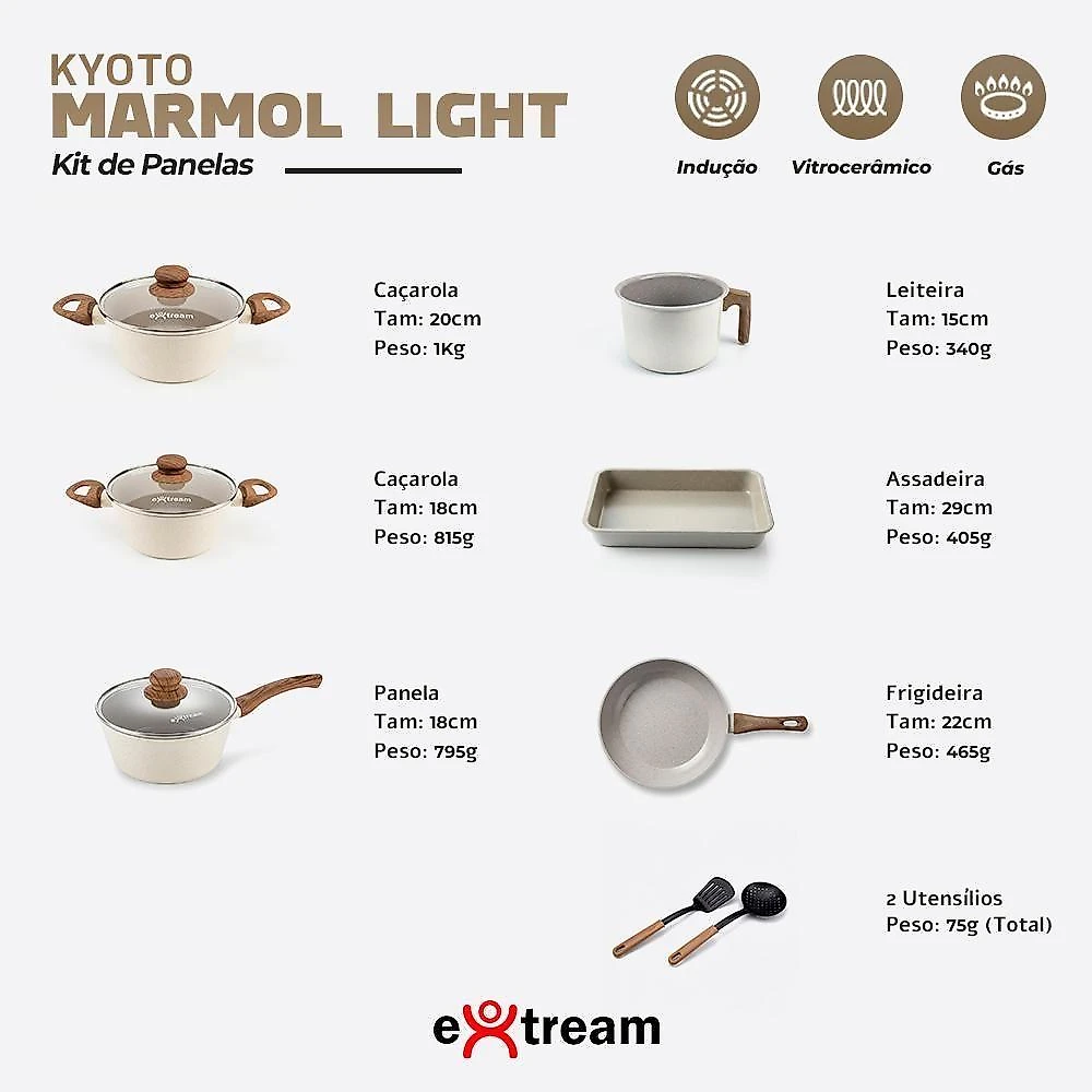 Jogo de Panelas Hakone Gray Light Extream Alumínio Revestimento Cerâmico 8 Peças Indução Extream