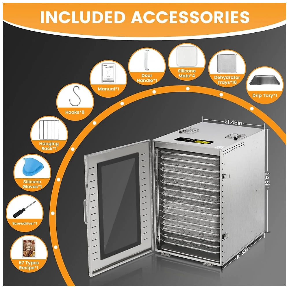 Desidratador Comercial Cercker 16 Bandejas Prata 1500W 316 Aço Inoxidável 110V