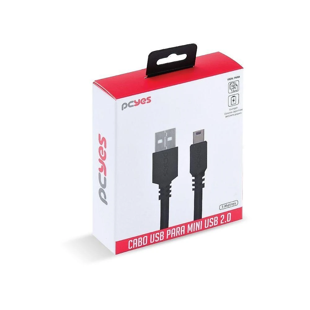 Cabo USB a 2.0 para Mini USB B 3M com Taxa de Transferência Até 480 MBPS Pcyes